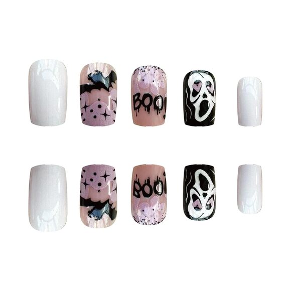24 Pcs Halloween Press on Acrylic Nails Short Square Pink Ghost Bat Design fake - Picture 2 of 6